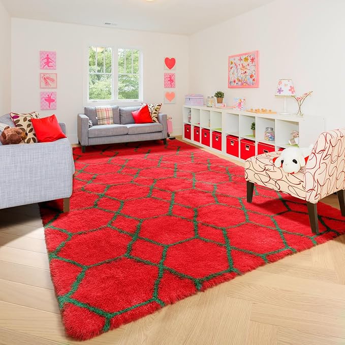 ONASAR Area Rugs for Living Room Bedroom, 5x8 Washable Fluffy Red and Dark Green Rug, Geometric Boho Soft Plush Shaggy Fuzzy Floor Carpet for Nursery Kids Girls Boys Teen Dorm Home Decor Aesthetic