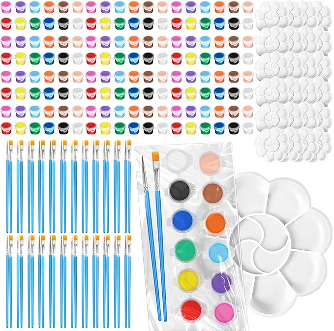 Fulmoon 24 Set Acrylic Paint Kits for Kids Adults Washable Mini Painting Kit Arts Crafts Party Favors Filled Strips Brushes Palettes Bulk for Classroom Home Kit Supplies (Vivid Color)