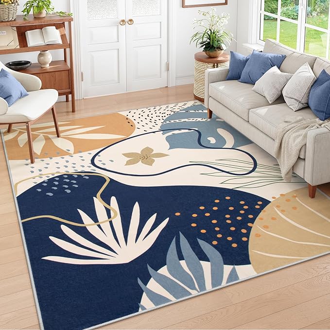 Lahome 4 x 6 Area Rug Living Room Carpet - Washable Soft Rugs for Bedroom Non-Slip Ultra-Thin Floor Rug for Office, Boho Botanical Print Stain Resistant Indoor Rugs for Kitchen Entryway Laundry Room