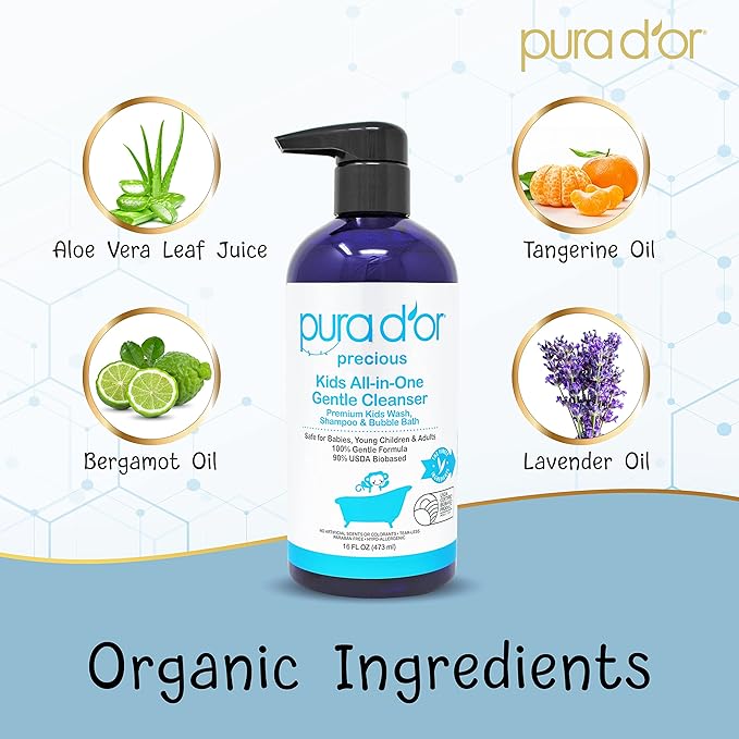 PURA D'OR 16 Oz Kids Wash - All-in-One Gentle Cleanser - USDA Biobased, Sulfate-Free, Tear-Less, Hypoallergenic, Premium, Shampoo & Bubble Bath