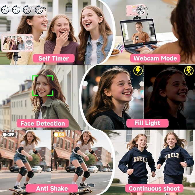 Digital Camera, Autofocus 4K 64MP Point and Shoot Digital Cameras for Teens with 64GB Card, 18X Zoom Anti-Shake Compact Video Camera for Student Kids Boys Girls Beginner - Pink