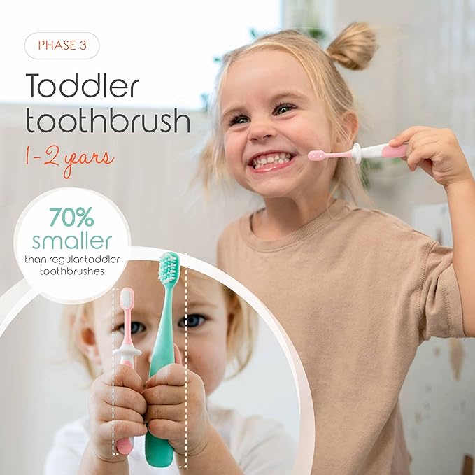 Cherish Baby Care Baby Toothbrush & Toddler Toothbrush Set (0-2 Years) - BPA-Free & Safety-Tested, 2023 Award Winner, Food-Grade Silicone (Pink)