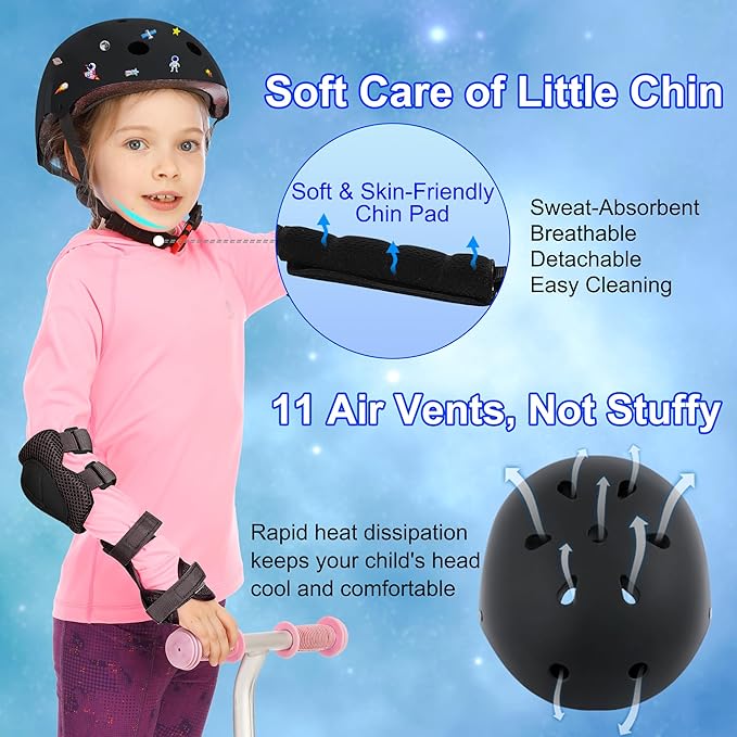 Kids Bike Helmet with DIY Stickers and Knee Pads Elbow Pads Wrist Guard Set for Ages 3-8-14 Toddler Boys Girls Helmet for Roller Skates Cycling Skateboarding Bicycle Scooter