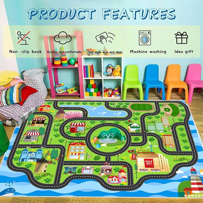 Car Rug,Kids Play Rug with Roads,Playroom Toy Car Rug, Car Track Rug City Map for Bedroom Classroom - (78.7X59 Inches)