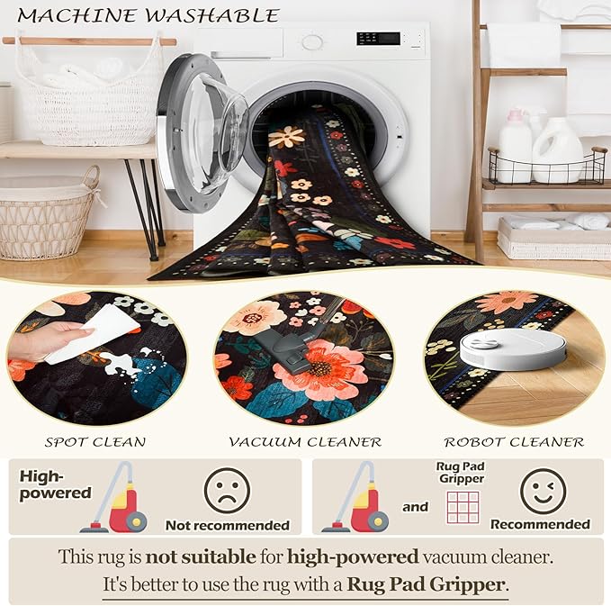 Floral 2x3 Area Rug Machine Washable Soft Print Boho Carpet Non Slip Doormat Low Pile Flower Area Rugs for Living Room Bedroom Nursery Kitchen Dining Room Indoor-Black