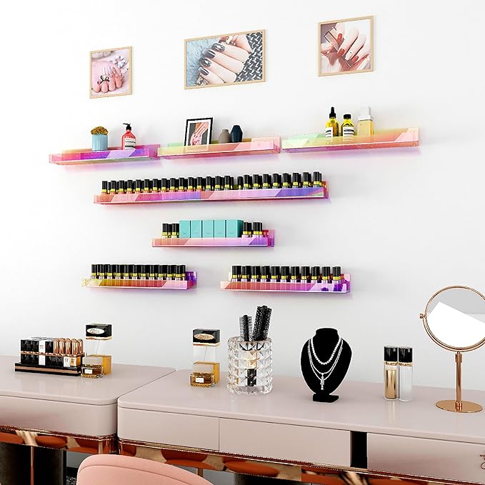 4 Pack 15 Inch Iridescent Acrylic Shelves, Clear Rainbow Floating Shelves for Wall, Modern Sunglasses Essential Oil Picture Ledge Display Toy Storage Wall Shelf