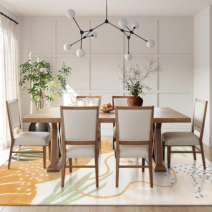 Lahome Boho Rugs for Living Room 8x10 - Washable Non-Slip Backing Large Carpet Ultra-Thin Throw Soft Bedroom Area Rug，Taupe Botanical Print Ultra-Thin Rug for Classroom Nursery Dining Room Farmhouse