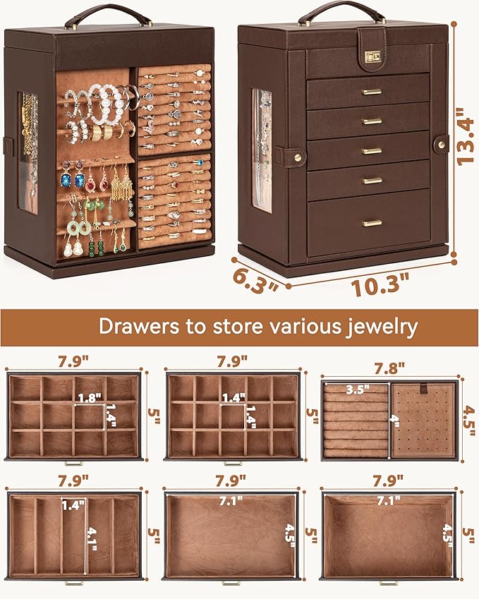 AKOZLIN 360° Rotating Jewelry Box 6-Tier Organizer Functional Jewelry Storage Case for Women Girls Ring Necklace Earring Bracelet Holder with Mirror Brown