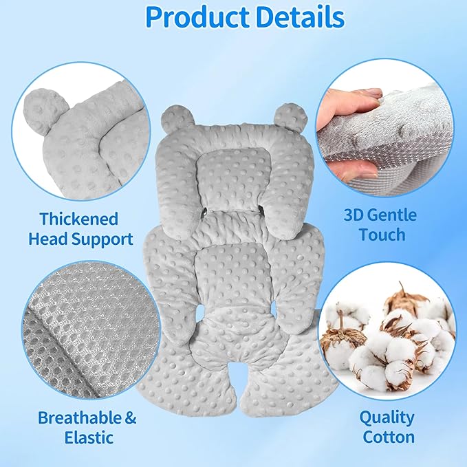 3in1 Baby CarSeat Head Support for Infant, Reversible Soft Infant Car Seat Insert Newborn Boy Girl, Breathable Cotton Head Body Support Pillow Cushion,Stroller,Swing,Bouncer,Baby Registry,Grey