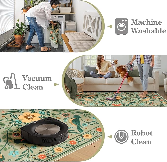 Moynesa Area Rugs 9x12 Living Room Washable, Ultra Thin Soft Boho Bird Bedroom Rug Easy Clean, Low Pile Indoor Multi Color Large Sage Green Carpet for Dining Room Kid Playroom Nursery