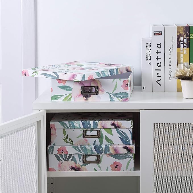 Soul & Lane Decorative Cardboard Storage Boxes With Lids for Home Décor, Set of 3 Floral Photo and Letter Box Set, Nesting Paperboard Storage for Scrapbook Paper, Keepsakes, Memories