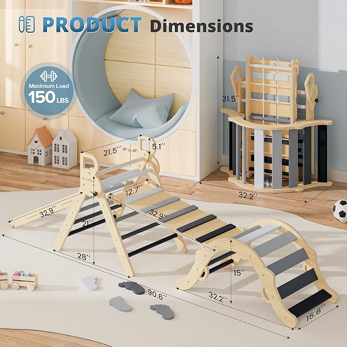 BlueWood 10-in-1 Pikler Triangle Set, Toddler Climbing Toys Indoor, Montessori Climber, Baby Jungle Gyms with Arch, Extra Rope Ladder & Footprint Balance Beam - Grey Twilight