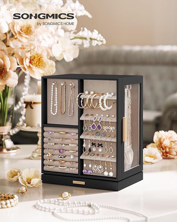 SONGMICS Jewelry Box 360°Rotating, Jewelry Storage Case with 5 Drawers, Jewelry Organizer, Glass Window, Spacious, Vertical Jewelry Storage, Open Design, Great Gift, Graphite Black UJBC170B01