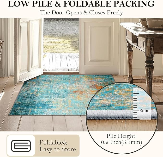 Washable Area Rugs 8ft Non-Slip Modern Abstract Soft for Living Room Entryway Bedroom Nursery, Print Pattern, Teal Blue Green Orange Rust Red Colorful