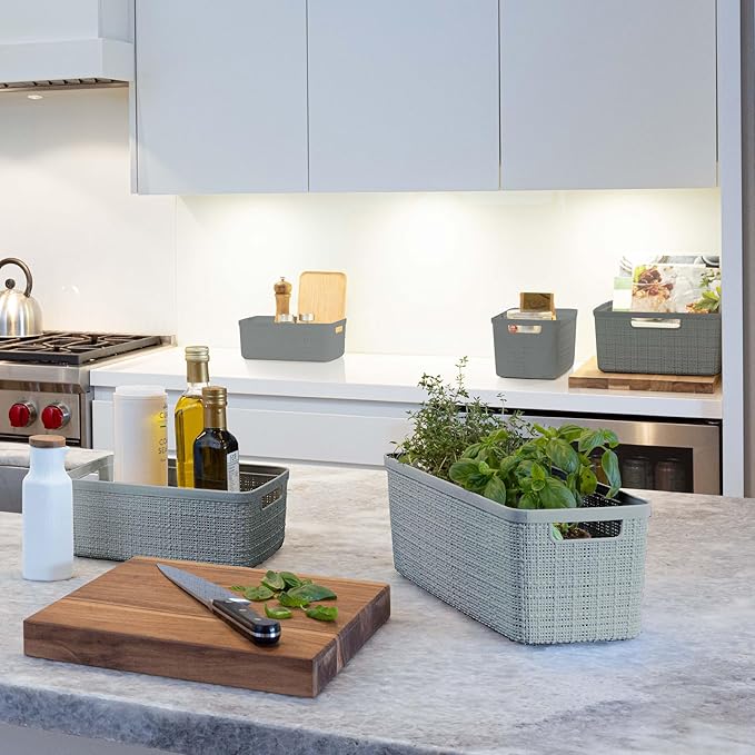 Curver Jute Decorative Plastic Organization and Storage Basket Perfect Bins for Home Office, Closet Shelves, Kitchen Pantry and All Bedroom Essentials, Set of 8 Grey