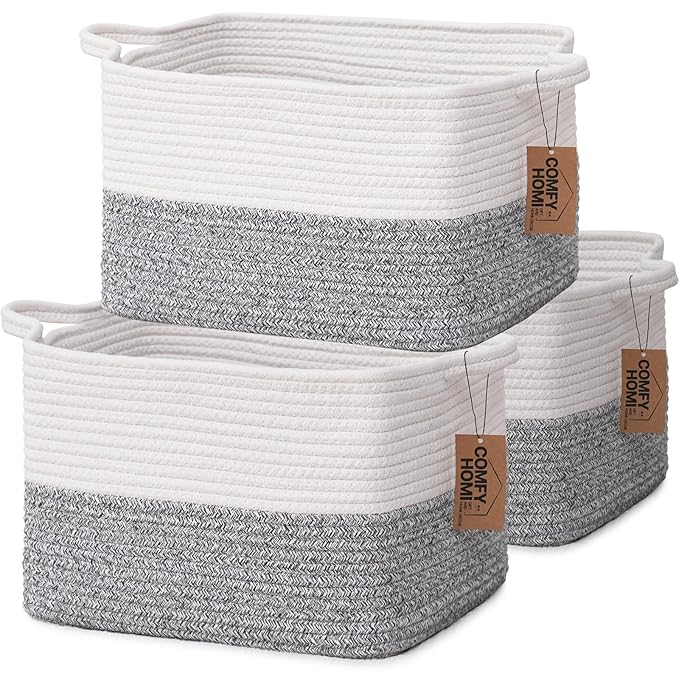 COMFY-HOMI 3-Pack Cotton Rope Woven Basket with Handles for Shelves, Book, Cloth Basket|Dog Toy Basket for Organizingy|13.5" x 11" x 9.5" for Bedroom（White/Grey）