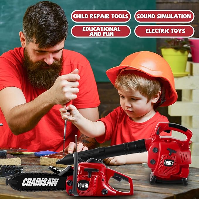 3 Pcs Toy Gardening Tool Set for Kids Toy Leaf Blower Hedge Trimmer Chainsaw Pretend Play Set with Lights and Sounds Birthday for Boys Girls