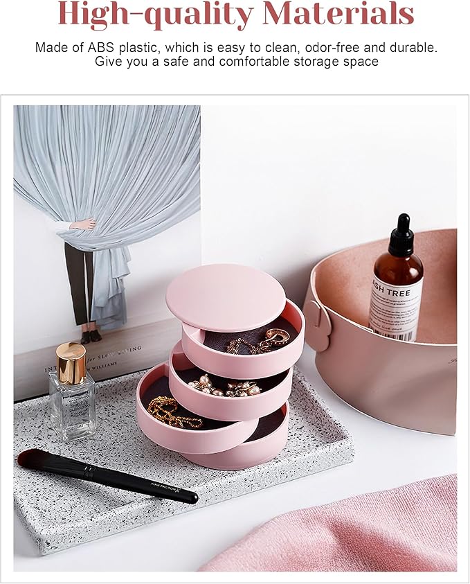 CONBOLA Jewelry Organizer, Small Jewelry Storage Box Earring Holder for Women, 4-Layer Rotating Travel Jewelry Tray Case with Lid for Bracelets Rings Bracelets, Gift for Women Teen Girls