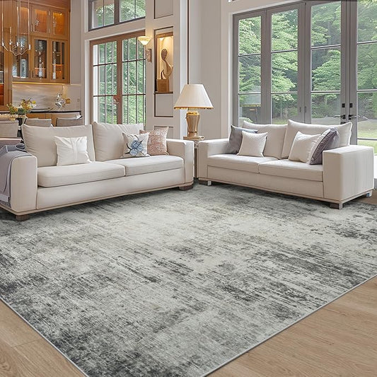 Area Rug 9x12 Washable Rugs: Abstract Large Living Room Rugs with Non-Slip Backing, Stain Resistant Indoor Floor Carpet for Bedroom Dining Room Table Nursery Hallway Home Office-Black/Gray