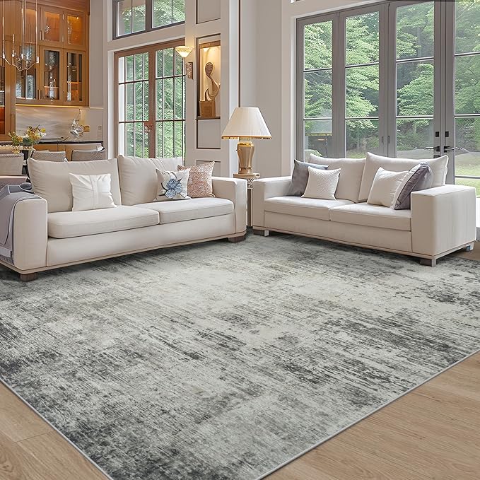 Area Rugs 8x10 Living Room Rugs: Modern Abstract Washable Rug with with Non-Slip Backing, Stain Resistant Indoor Floor Large Carpet for Bedroom Dining Room Table Nursery Hallway Home Office-Black/Gray