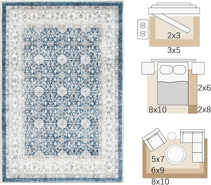 jinchan Floral 6x9 Area Rugs for Living Room - Machine Washable Vintage Distressed Boho Design Throw Rug Stain Resistant Carpet Low-Pile Thin Non-Slip for Bedroom Dining Room Nursery (6‘x9',Dark Blue)