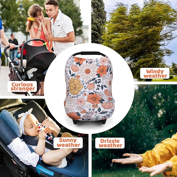 Rquite All-in-1 Car Seat Cover Baby, Carseat Covers for Girl Boy, Stretchy Soft Infant Car Seat Cover, Multi-use Baby Carrier Cover, Car Seat Canopy, Stroller Sun Shade, Nursing Breastfeeding Cover