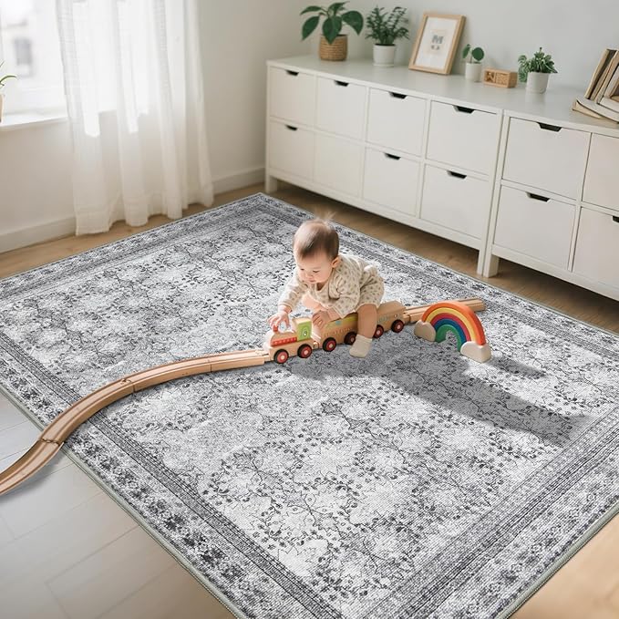 6x9 Washable Area Rug Non Slip, Faded Grey Living Room Rugs Low Pile, Thin Vintage Floral Carpets, Indoor Large Distressed Print Carpet for Bedroom Dining Room Farmhouse Home Office College Dorm