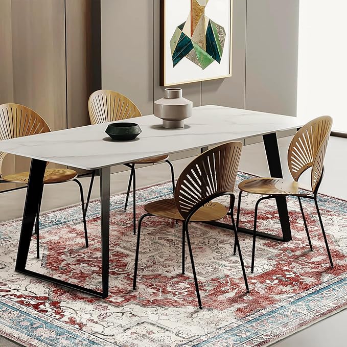 Area Washable Rug 5'x7' Red Blue Washable Vintage Traditional Floor Cover Thin Rug Retro Kitchen Indoor Distressed Non Slip Carpet Floral Print Mat Living Room Bedroom Dining Room