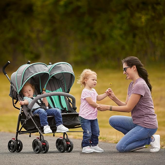 Dream On Me Volgo Twin Umbrella Stroller in Mint, Lightweight Double Stroller for Infant & Toddler, Compact Easy Fold, Large Storage Basket, Large and Adjustable Canopy