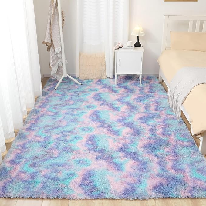 Rainbow Rug for Girls Room, 4x6 Fluffy Area Rugs for Bedroom, Colorful Kids Rug Cute Anti-Skid Indoor Carpet for Nursery, Living Room, Playroom, Home Decor