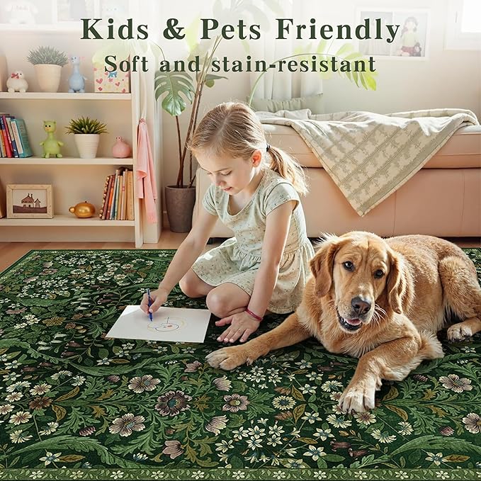 5×7 Dark Green Washable Floral Area Rug,Vintage Boho Soft Low-Pile Living Room Rugs, Stain Resistant Botanical Non-Slip Carpet for Bedroom,Dining Room, Kids Nursery,Home Decor