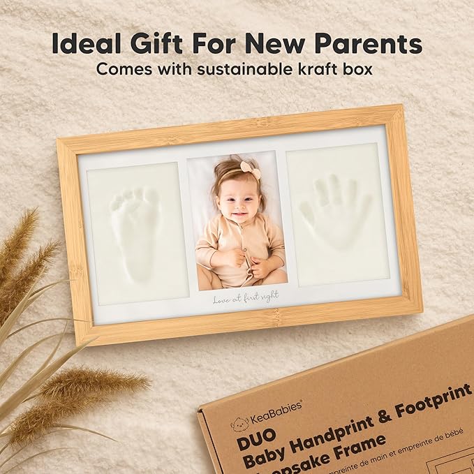 Baby Hand and Footprint Kit - Clay Handprint Keepsake Frame, Newborn Nursery Picture Frame, Personalized New Mom Gifts for Baby Shower & Registry (Bamboo)