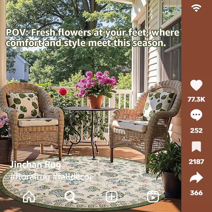 jinchan 7ft Floral Round Rug for Dining Room Washable Living Room Rug Vintage Romance Design Non Slip Indoor Floor Cover Lightweight Low-Profile Throw Carpet for Bedroom Porch Patio, Green/Beige