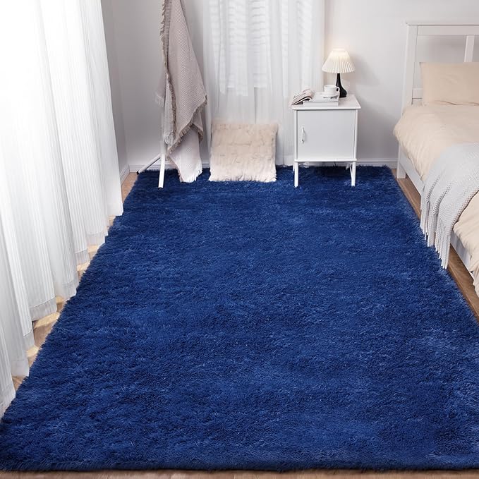 Soft 9x12 Blue Rug, Fluffy Area Rugs for Living Room, Plush Navy Area Rugs for Bedroom, Non-Slip Indoor Carpet for Nursery, Study Room, Kids Room, Room Decor