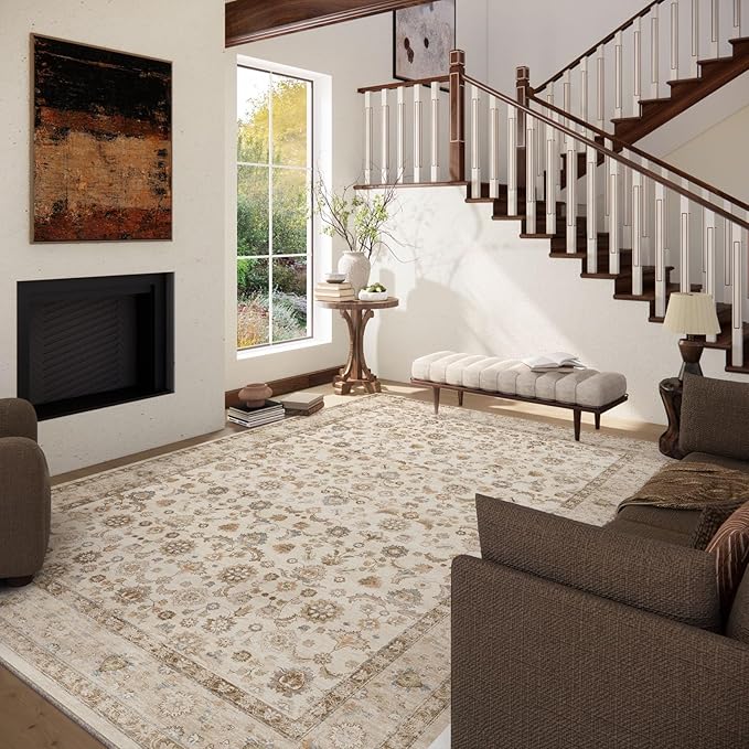 Washable Area Rugs for Living Room: 8x10 Bedroom Rug Boho Vintage Area Rug Stain Resistant Non Slip Low Pile Lightweight Soft Carpets for Dining Room Kitchen Nursery Kids Room Playroom Home Office