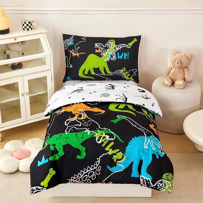 PERFEMET 4-Piece Boys Toddler Bedding Sets Cartoon Dinosaur Comforter Set for Girls Kids Soft Reversible Colorful Animal Bed Set for Toddler(Dinosaur, Toddler)