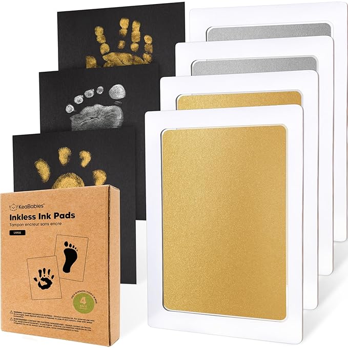 4-Pack Inkless Baby Hand and Footprint Kit - Mess Free Ink Pad for Newborn Keepsake, Dog Nose & Paw Print Kit, Clean Touch Ink Pad for Baby Hand & Footprints, Ideal New Mom Gifts (Gold/Silver, L)