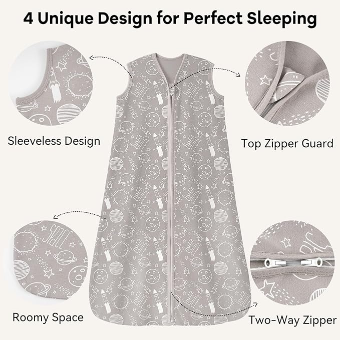 Baby Sleep Sack 12-18 Months 3 Pack 100% Cotton Lightweight 0.5 TOG Wearable Blanket Baby Sleep Bag with 2-Way Zipper for Newborn Infant White Gray Blue Space
