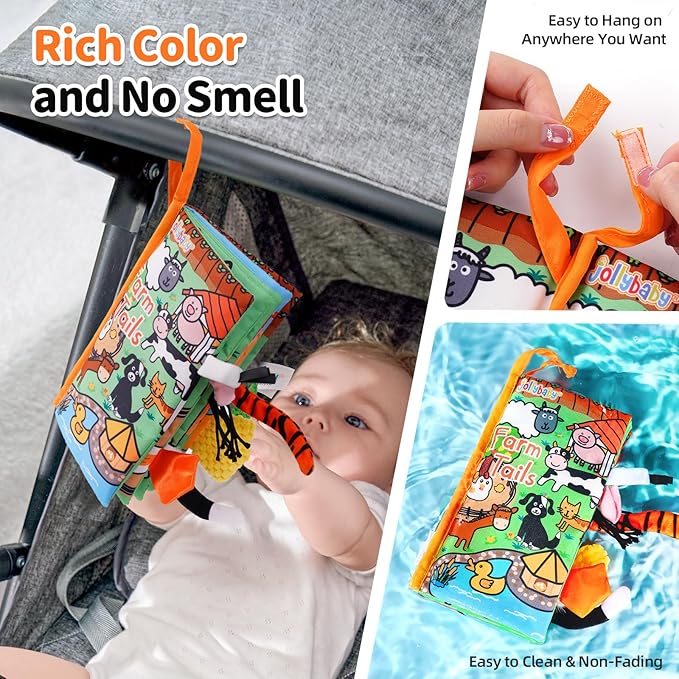 Jollybaby Baby Cloth Books, Touch & Feel Crinkle Soft Books, for Infants Babies, Toddler Early Educational Interactive Stroller Toys, Baby Girl & Boy Gift(Farm Tails)