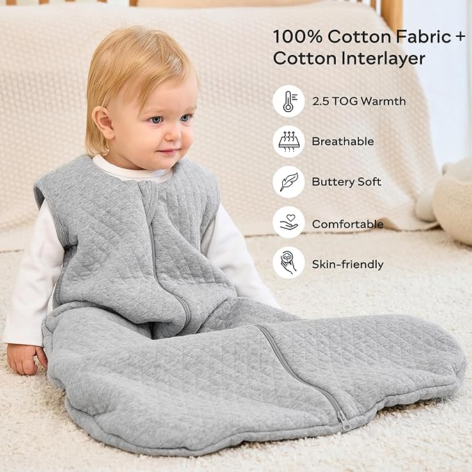 JELLYMONI Baby Sleep Sack TOG 2.5, 6-12 Months Winter Baby Wearable Blanket, 100% Cotton Infant Sleeping Sack 2-Way Zipper Warm Quilted Sleepsack