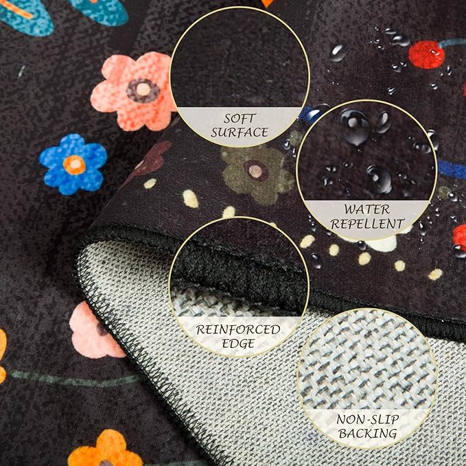 Floral 2x6 Area Rug Machine Washable Soft Print Boho Carpet Non Slip Doormat Low Pile Flower Area Rugs for Living Room Bedroom Nursery Kitchen Dining Room Indoor-Black