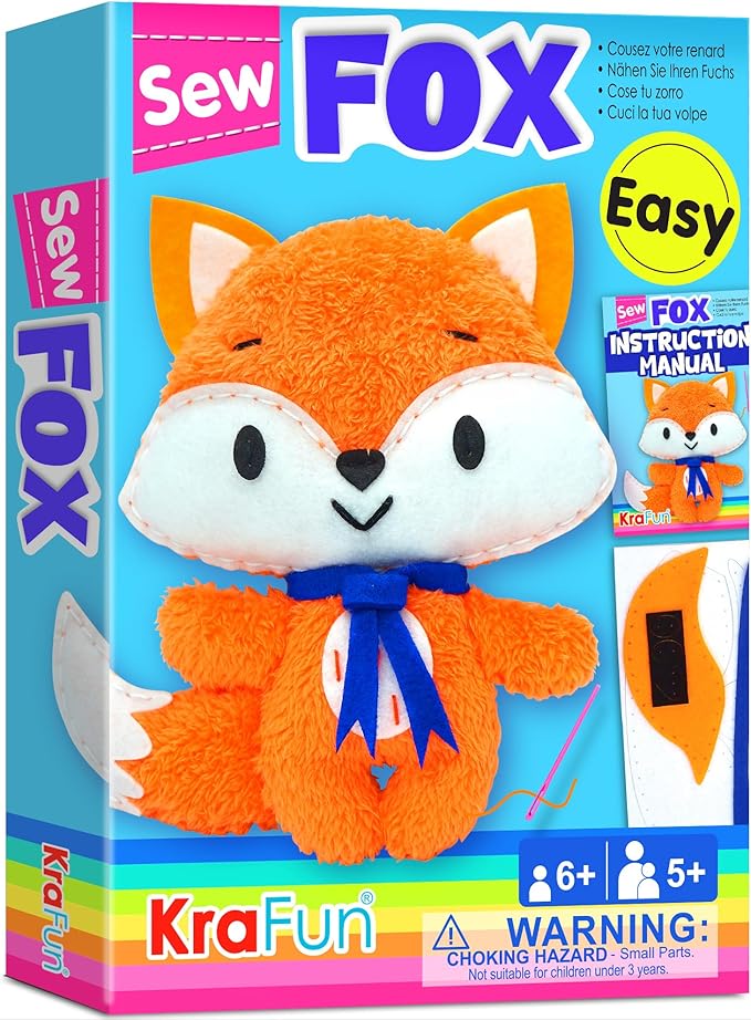 KRAFUN Fox Animal Sewing Kit for Kids Beginner My First Art & Craft, Includes Fox Doll Stuffed Animal, Instructions & Plush Felt Materials for Learn to Sew, Embroidery, Age 7 8 9 10 11 12