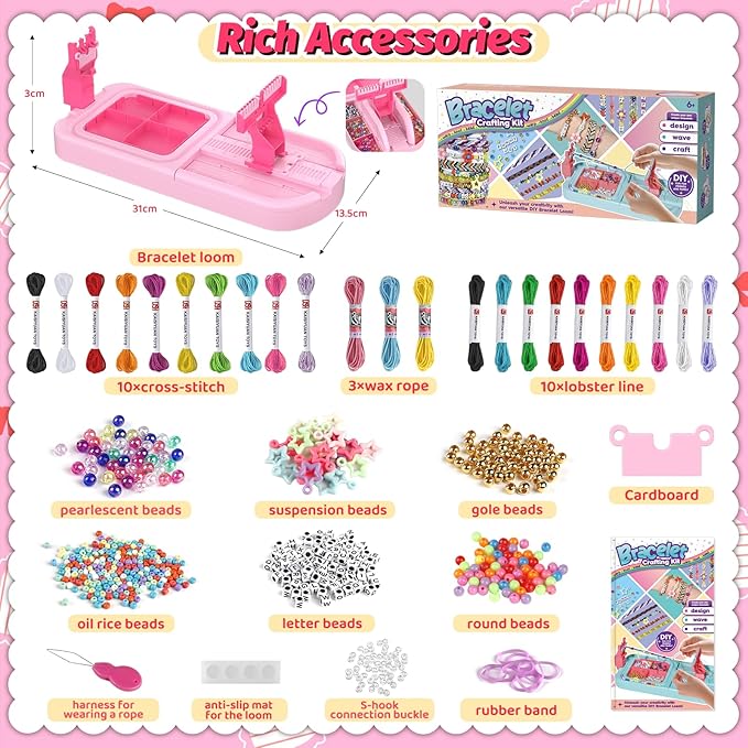 Friendship Bracelet Making Kit, Arts and Crafts Loom Bracelet Maker for Kids, Jewelry String Making supplies with 3 Thread Styles & 6 Bead Types, Christmas Birthday Gifts for Girls Ages 6 7 8 9 10+
