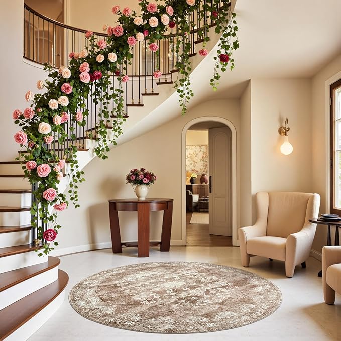 jinchan Round Rug 5ft Area Rug - Brown Vintage Floor Mat Kitchen Indoor - Washable Circle 5' Thin Floral Print Carpet Retro Farmhouse Non Slip Dining Room Living Room Bedroom Office