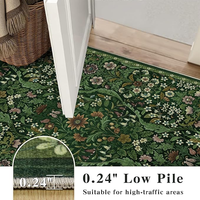 Floral 2x3 Entryway Rug,Washable Front Door Mat Indoor Non Slip Low Pile Small Carpet, Soft Green Boho Botanical Throw Rug for Bathroom Bedroom Kitchen Laundry Indoor Entrance