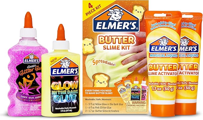 Elmer’s Butter Slime Kit Includes, Glow in the Dark Glue, Glitter Glue, Butter Slime Activator 4 Count.