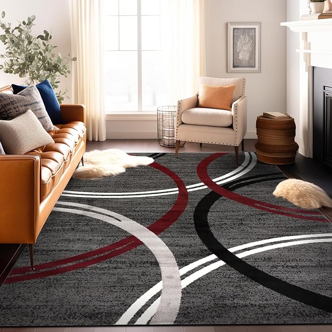 Rugshop Modern Wavy Circles Design Area Rug 8'8" x 12' Red