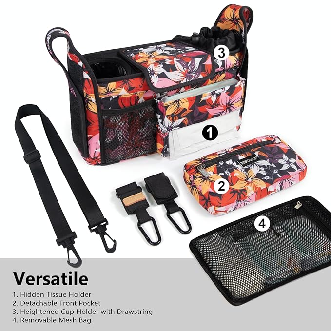 TOPDesign Universal Baby Stroller Organizer, Stroller Caddy with Detachable Mesh Bag & Heightened Insulated Cup Holders & Non-Slip Secure Hooks Accessories, Fits Most Strollers (Five Petal Flower)
