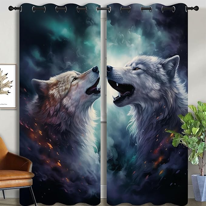 Forest Wildlife Blackout Curtains for Boys Girl Bedroom Decor,Blue Fantasy Starry Sky Howling Wolf Thermal Insulated Grommet Drapes Darkening Window Curtain for Living Room Home 84x63 inch