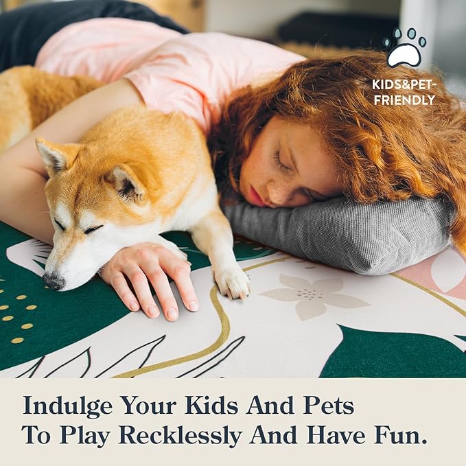 Lahome Area Rugs 4x6 Washable Soft Bedroom Rugs - Non-Slip Ultra-Thin Rugs for Entryway Stain Resistant Floor Rug, Boho Botanical Print Indoor Rug for Living Room Kitchen Office (4'x6',Green/Pink)